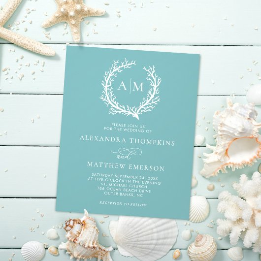 Budget Nautical Coral Reef Zee Glass Blue Wedding Flyer