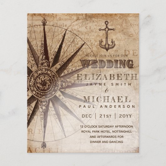 BUDGET  Nautical Map Wedding Invite (Voorkant)