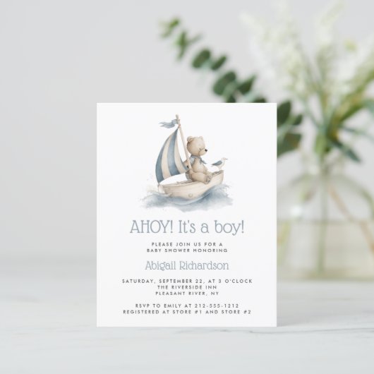 Budget Nautical Teddy Bear QR Code Boy Baby Shower (Staand voorkant)