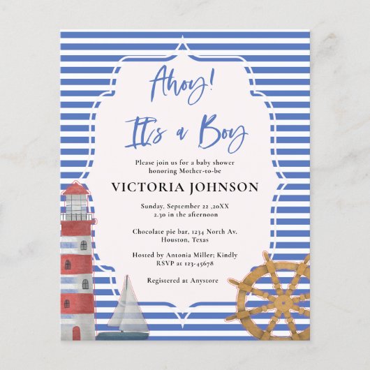 Budget nautisch blauw ITS A Boy Baby shower uitnod (Voorkant)