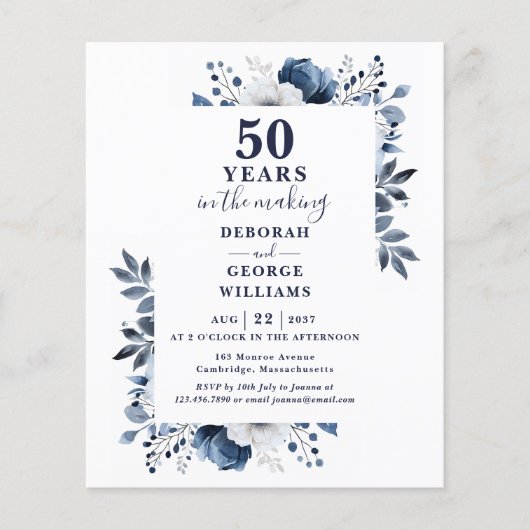 Budget Navy 50e bruiloft Jubileum Bloemen Uitnodig (Voorkant)
