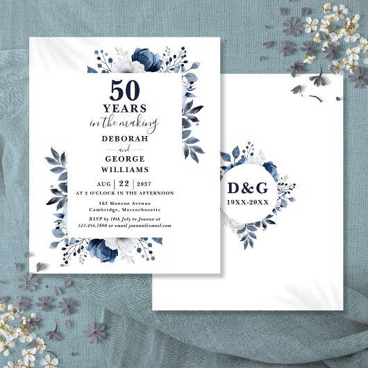 Budget Navy 50e trouwjubileum bloemen uitnodiging
