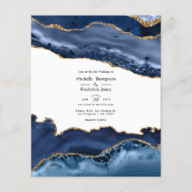 Budget Navy and Gold Agate Wedding Invitation