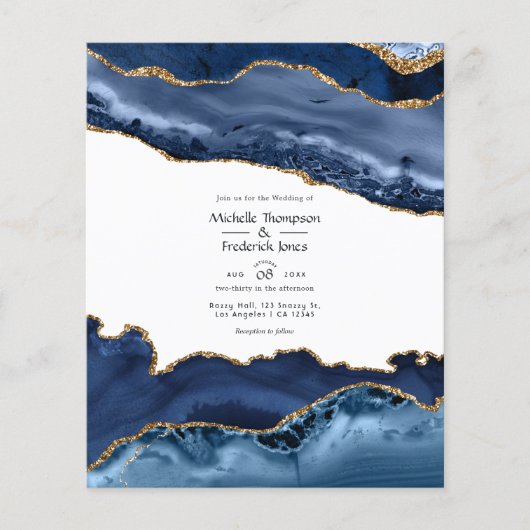 Budget Navy and Gold Agate Wedding Invitation Flyer (Voorkant)