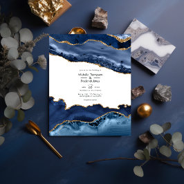 Budget Navy and Gold Agate Wedding Invitation Flyer