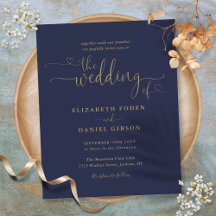 Budget Navy and Gold Hearts Script Wedding Invite