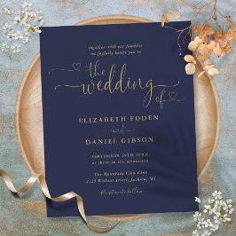 Budget Navy and Gold Hearts Script Wedding Invite