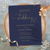 Budget Navy and Gold Hearts Script Wedding Invite