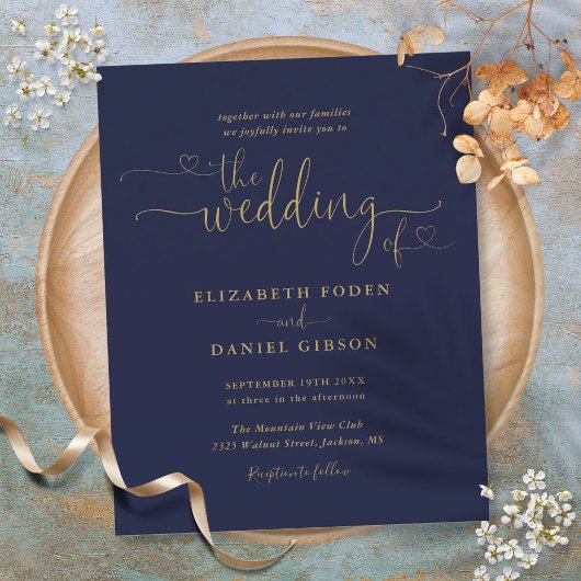 Budget Navy and Gold Hearts Script Wedding Invite