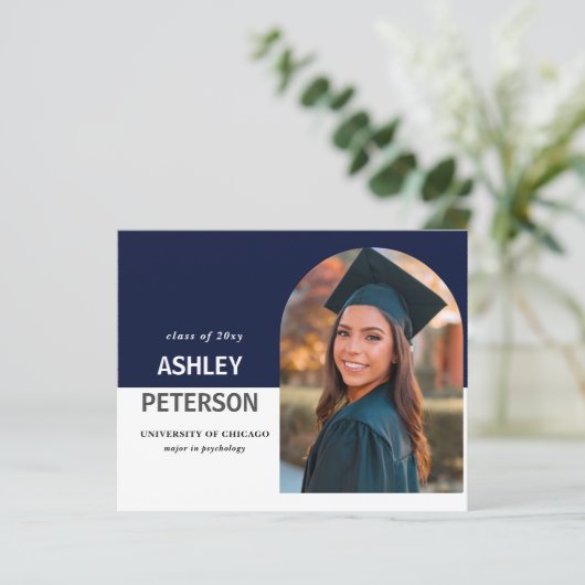 Budget Navy Arch Photo Afstuderen Invitation (Staand voorkant)