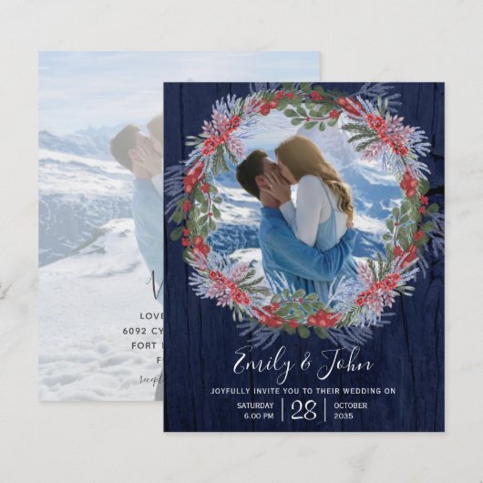 Budget Navy Blau Winter Bloem Bruiloft Uitnodiging (Voorkant / Achterkant)