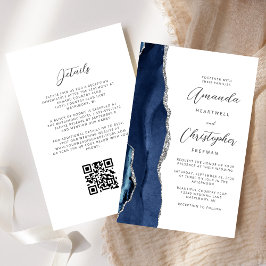 Budget Navy Blau Zilveren Agate QR Code Huwelijk