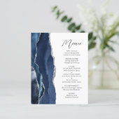 Budget Navy Blau Zilveren Agate Script Trouwmenu (Staand voorkant)