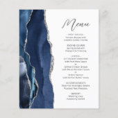 Budget Navy Blau Zilveren Agate Script Trouwmenu (Voorkant)