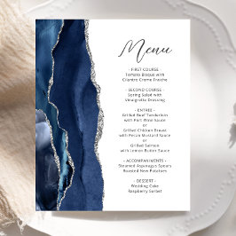 Budget Navy Blau Zilveren Agate Script Trouwmenu