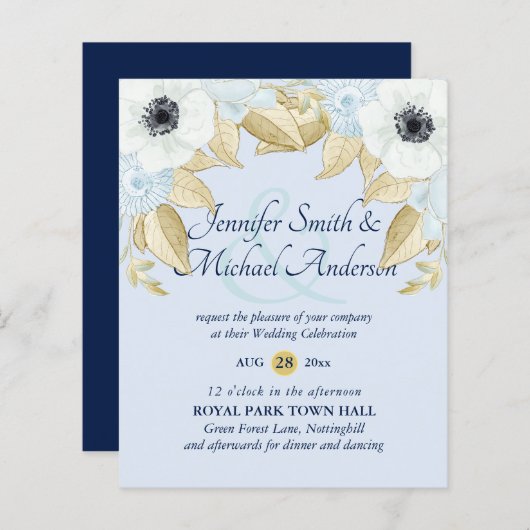 Budget Navy Blauw Anemoon Trouw Uitnodigingen (Voorkant / Achterkant)