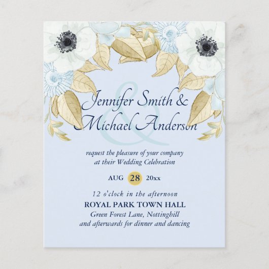 Budget Navy Blauw Anemoon Trouw Uitnodigingen (Voorkant)