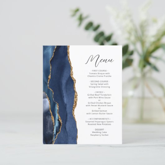 Budget Navy Blauw Goud Agaat Script Trouwmenu (Staand voorkant)