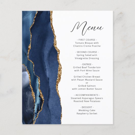 Budget Navy Blauw Goud Agaat Script Trouwmenu (Voorkant)