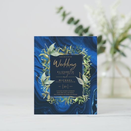 BUDGET Navy Blauw Goud Groene Huwelijksuitnodiging (Staand voorkant)