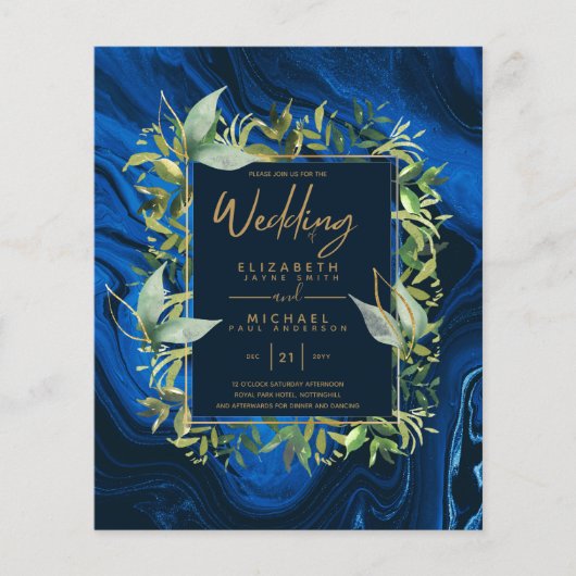 BUDGET Navy Blauw Goud Groene Huwelijksuitnodiging (Voorkant)