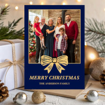 Budget Navy Blauw & Goud Lint Familie Kerst Foto