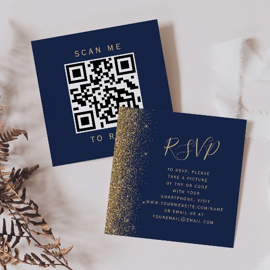 Budget Navy Blauw Gouden Glitter Bruiloft QR Code  Informatiekaartje