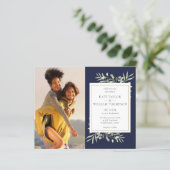 Budget Navy Blauw Groene Foto Trouw Uitnodiging (Staand voorkant)