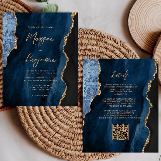 Budget Navy Blauwe Agaat Script QR Code Huwelijk