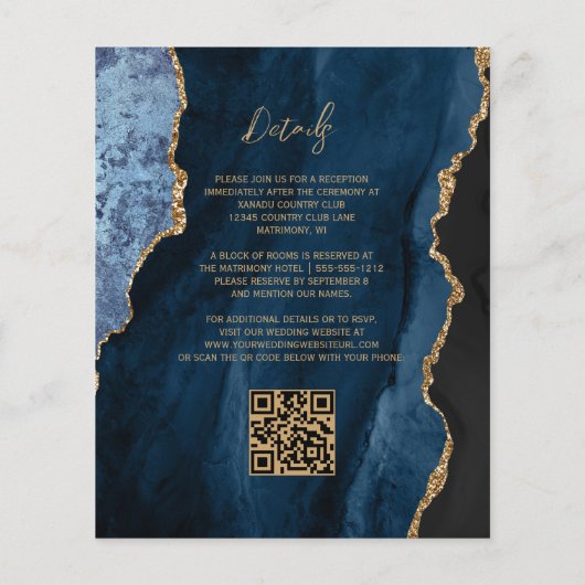 Budget Navy Blauwe Agaat Script QR Code Huwelijk (Achterkant)