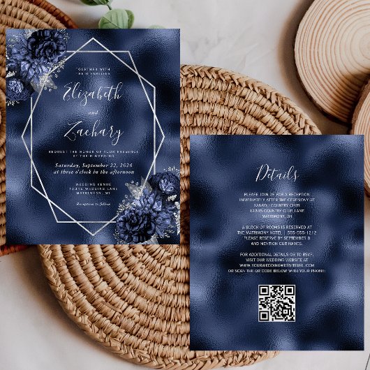 Budget Navy Blauwe Bloem Zilveren QR Code Trouwfee