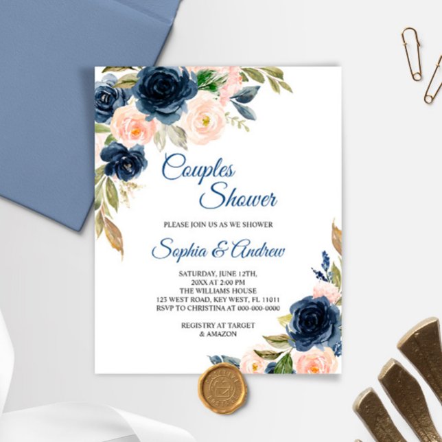 Budget Navy Blauwe & Blush Kleur Trouwfeest Uitnod (Creator heeft geüpload)