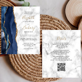 Budget Navy Blauwe Goud Agate Marmer QR Code Huwel