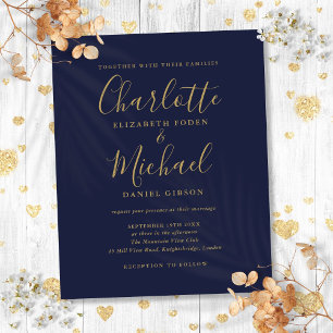 Budget Navy Blauwe Gouden Script Trouw Uitnodiging