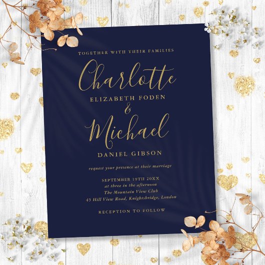 Budget Navy Blauwe Gouden Script Trouw Uitnodiging