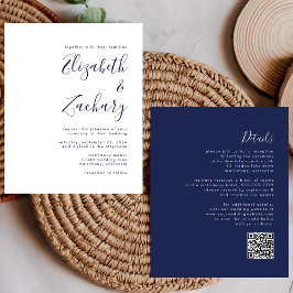 Budget Navy Blauwe QR Code Huwelijksuitnodiging