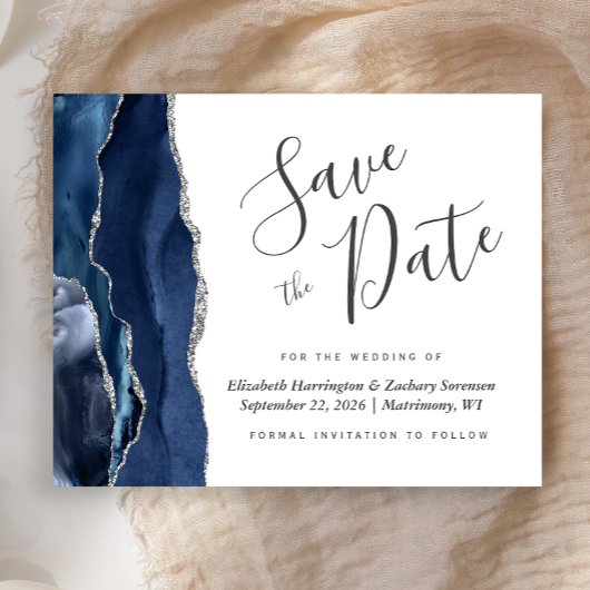 Budget Navy Blauwe Zilveren Agate Save the Date
