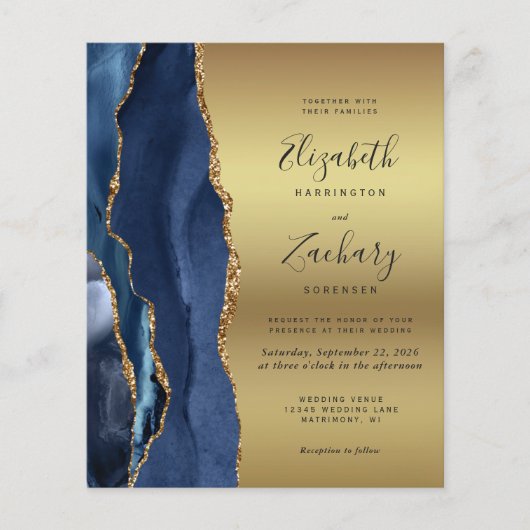Budget Navy Blue Agate Gold Glam Wedding Uitnodigi (Voorkant)