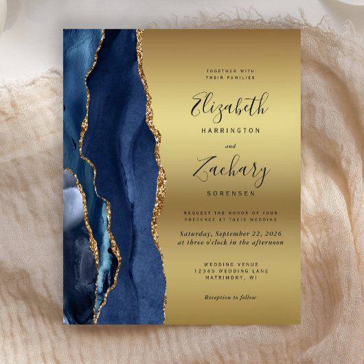Budget Navy Blue Agate Gold Glam Wedding Uitnodigi