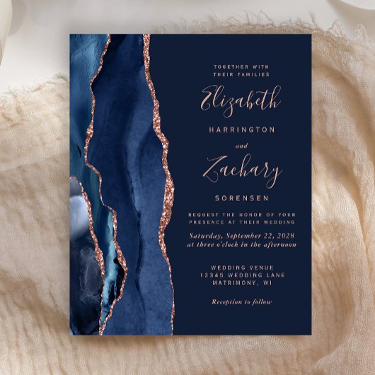 Budget Navy Blue Agate Roos Gold Wedding Invite