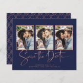 BUDGET Navy Blue Art Deco Roos Gold Save the Date (Voorkant / Achterkant)