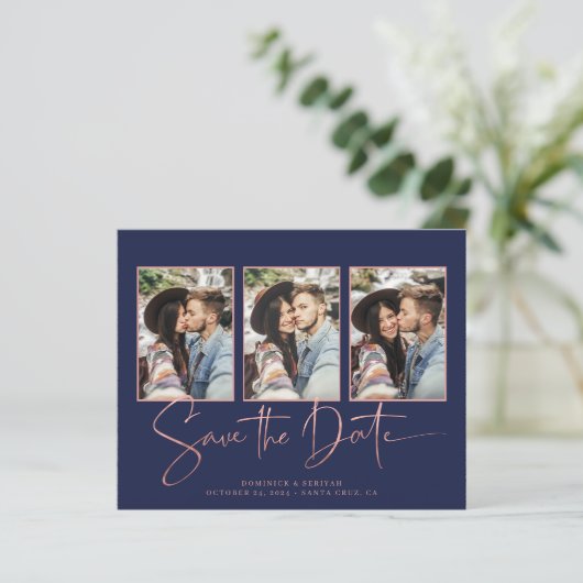 BUDGET Navy Blue Art Deco Roos Gold Save the Date (Staand voorkant)