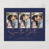 BUDGET Navy Blue Art Deco Roos Gold Save the Date (Voorkant)