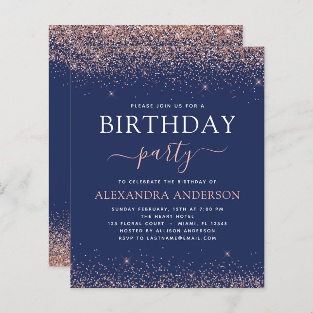 Budget Navy Blue Birthday Roos Gold Pink Glitter (Voorkant / Achterkant)