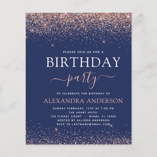 Budget Navy Blue Birthday Roos Gold Pink Glitter Flyer (Voorkant)