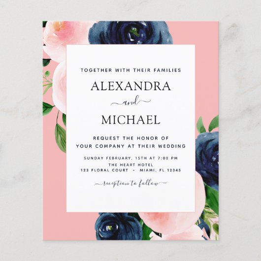 Budget Navy Blue Blush Pink Floral Wedding Flyer (Voorkant)