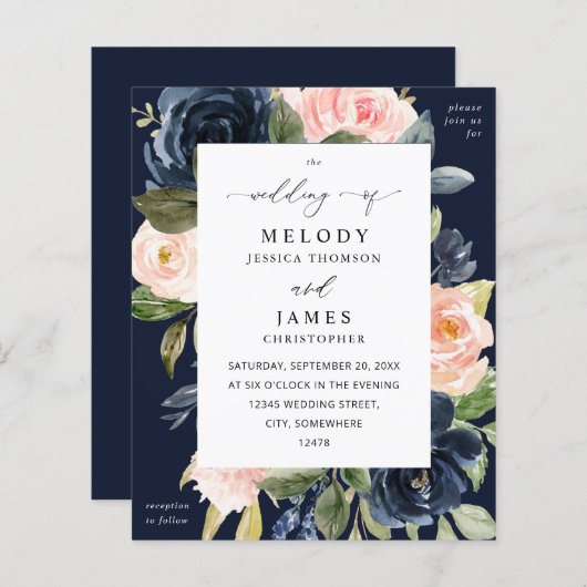 Budget Navy Blue & Blush Pink Floral Wedding Herfs (Voorkant / Achterkant)
