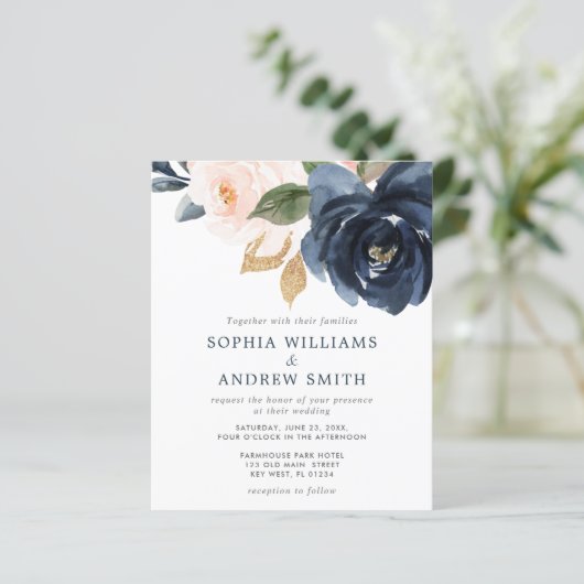 Budget Navy Blue & Blush Pink Wedding Invitation (Staand voorkant)