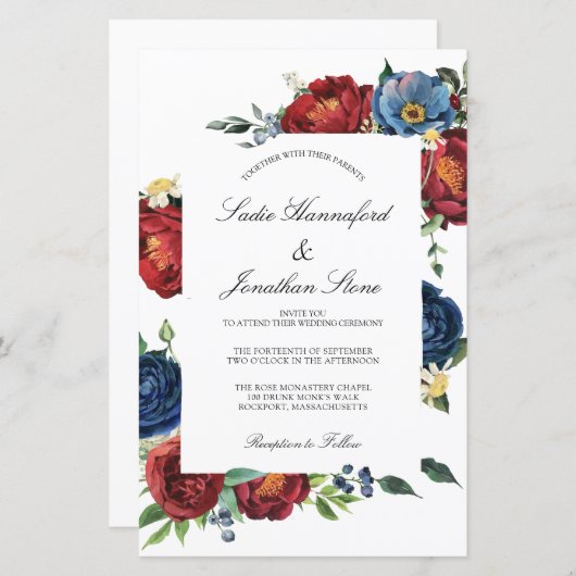 Budget Navy Blue Burgundy Red Wedding Invitation (Voorkant / Achterkant)