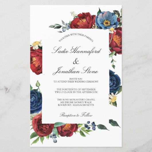 Budget Navy Blue Burgundy Red Wedding Invitation (Voorkant)